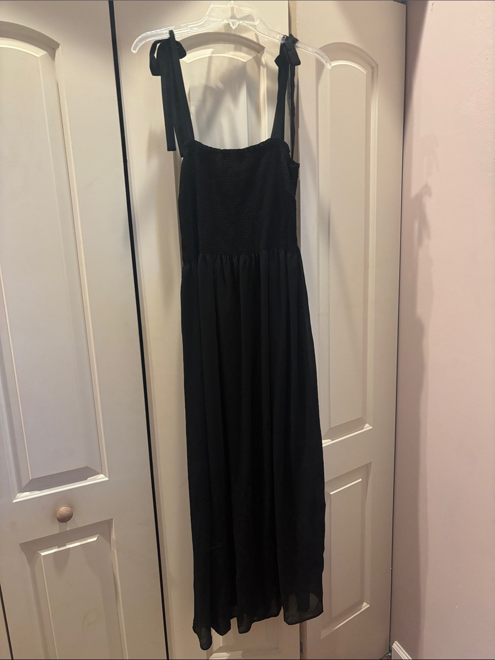Smocked Black Maxi Dress with Tie Shoulder Straps